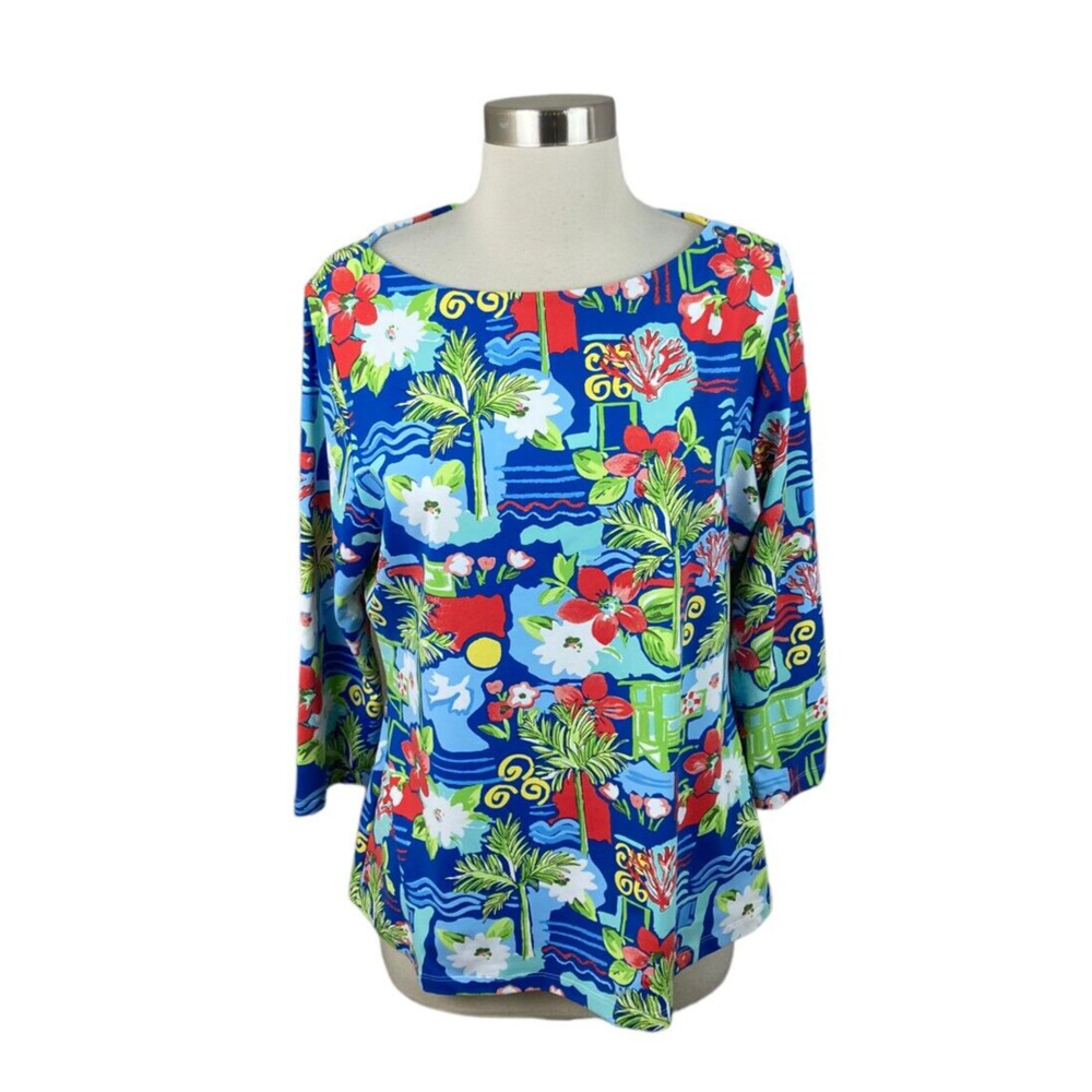 J. McLaughlin Blue Green Floral Coral Catalina Cloth Wavesong Top 3/4 Sleeve L